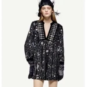 ZARA - Black Velvet Mini Dress with Embellished Silver Sequins